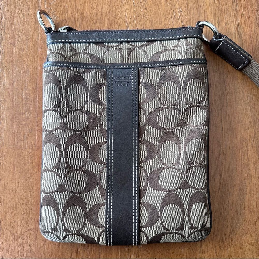 Coach Signature C Swingback Brown and Tan Leather Trim Cross Body Bag